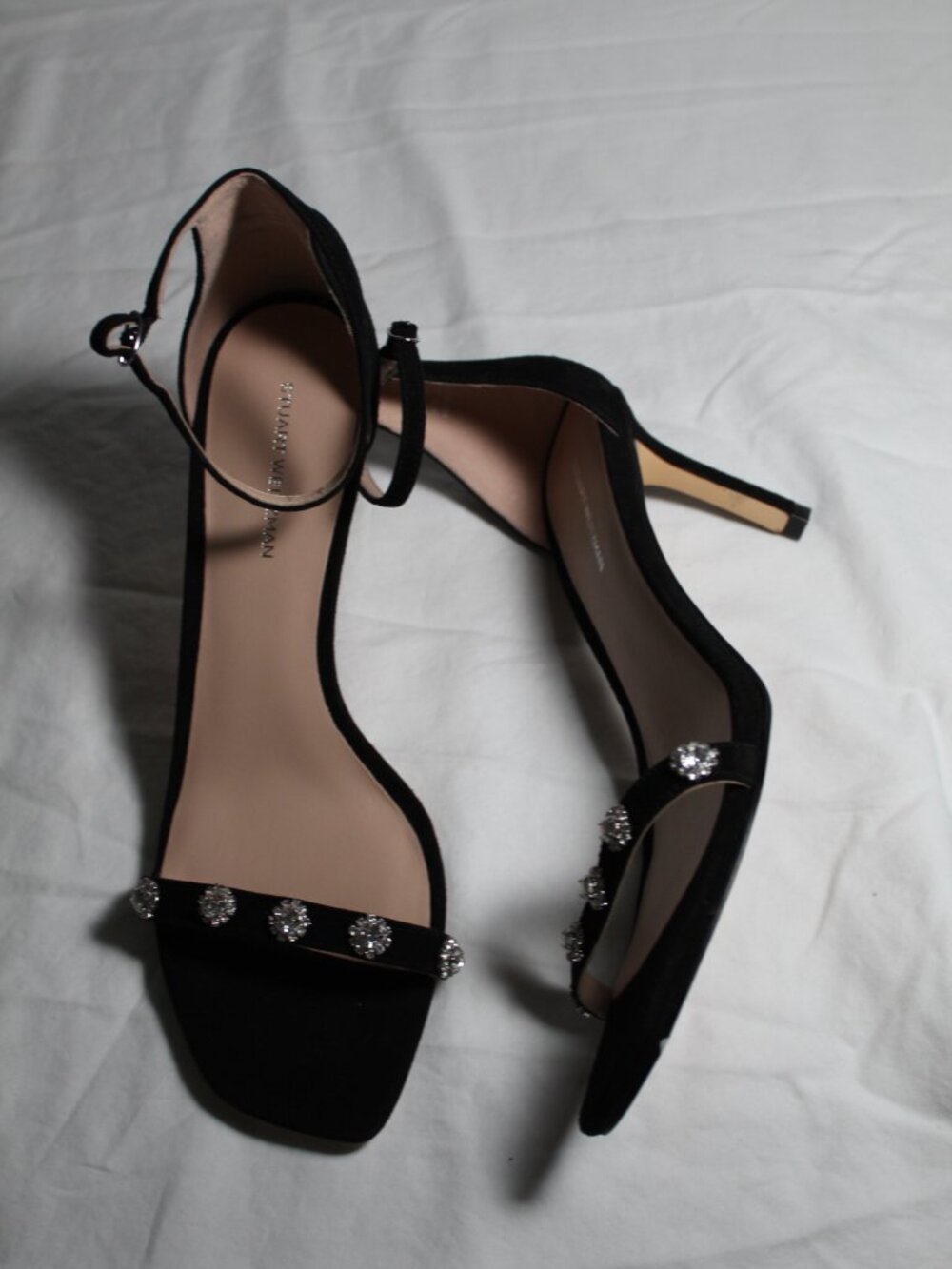 NEW Stuart Weitzman Justina 75 Sandals AnkleStrap Kitten Heel Jewel Black 9 39.5